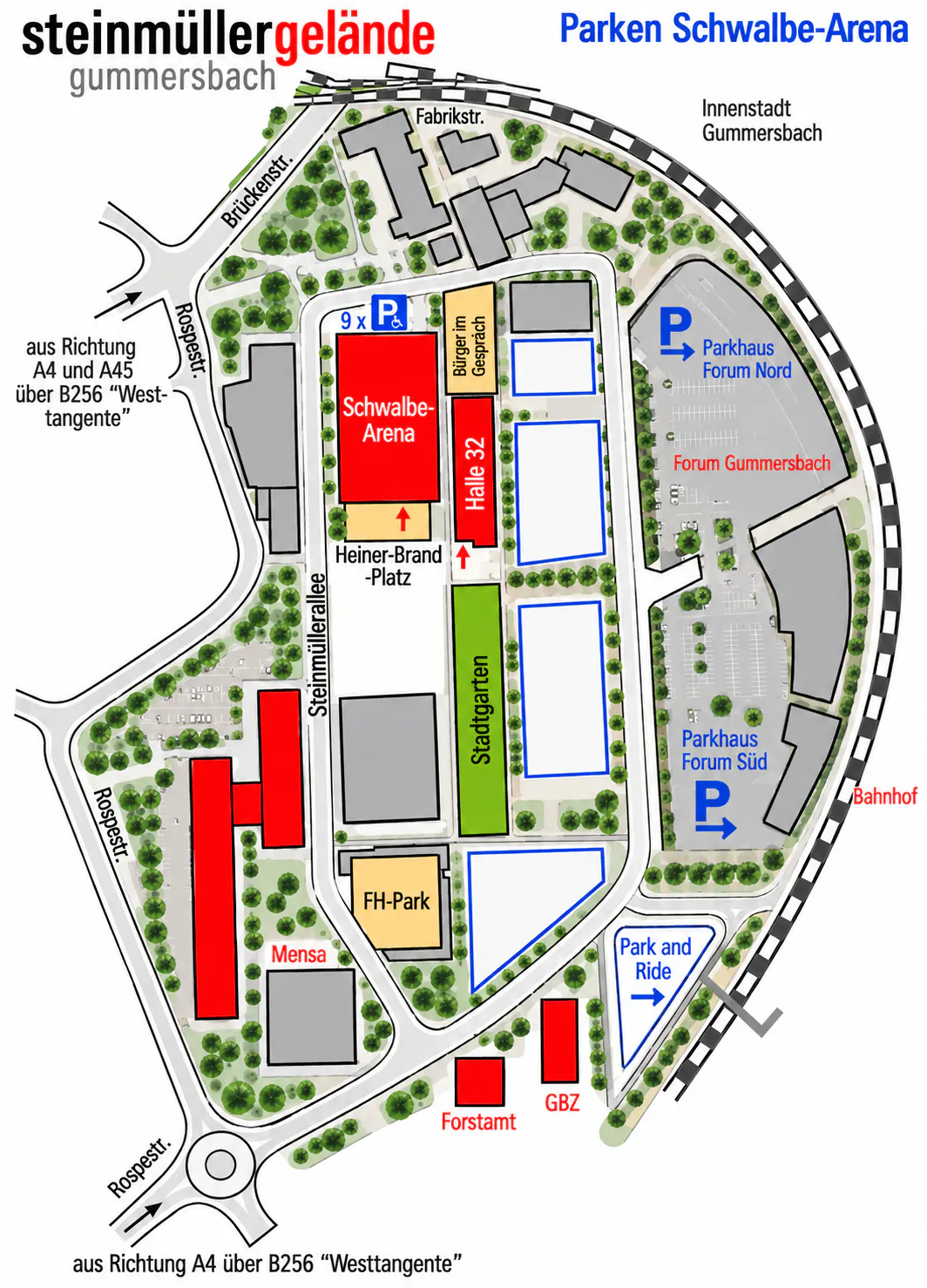 Parkplan rund um die SCHWALBE arena in Gummersbach
